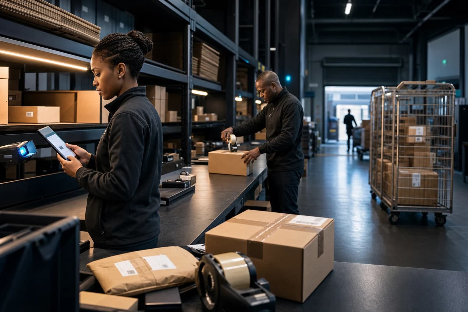 South African warehouse team verifying, packing and preparing ecommerce orders for dispatch