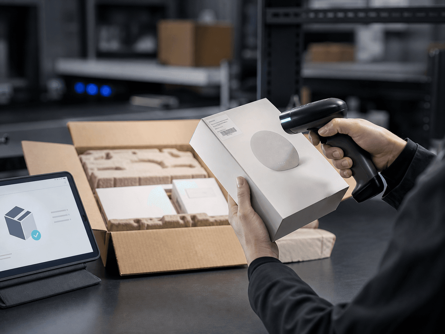 Warehouse specialist recording a product receiving event
