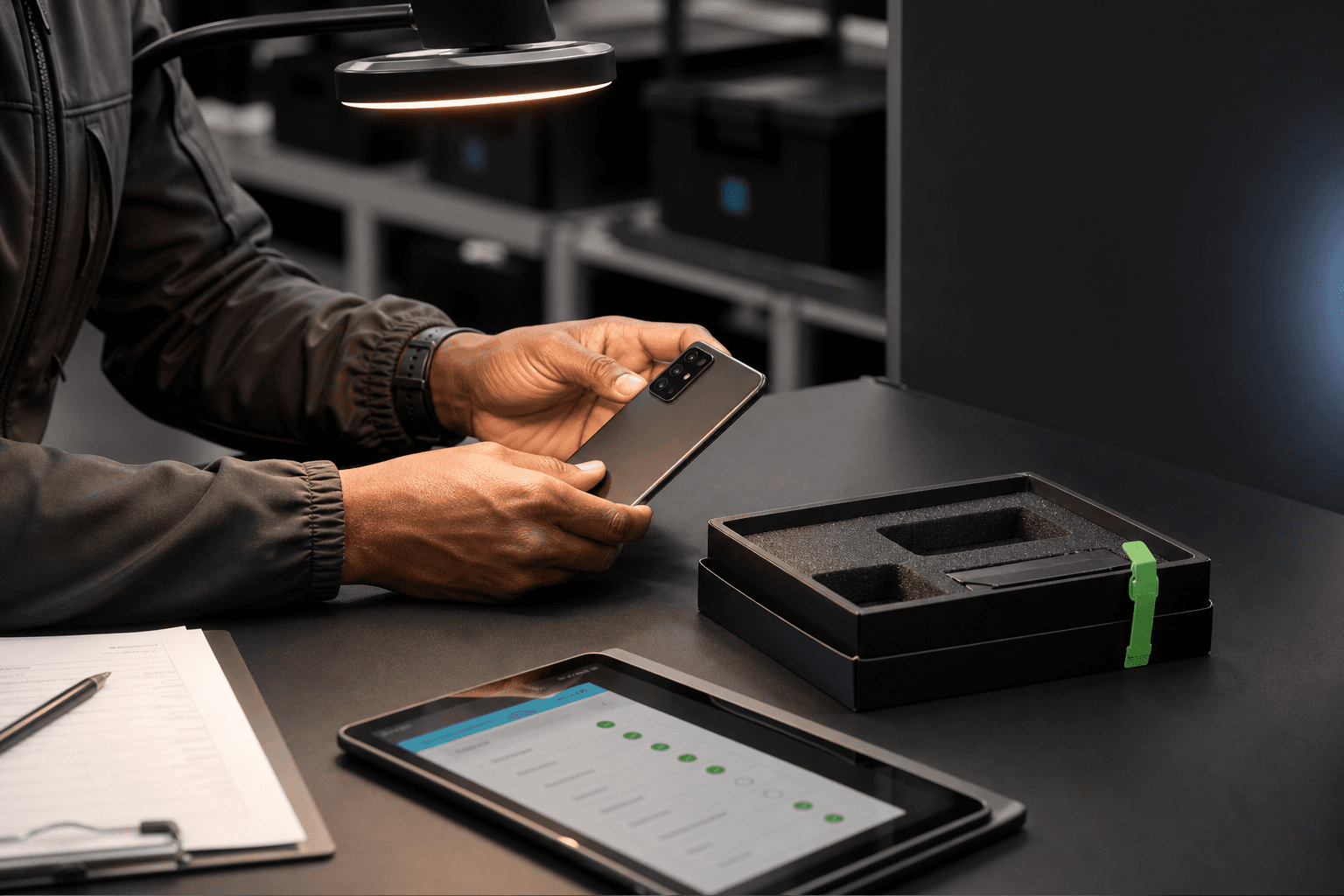 SmartWarehouse operator inspecting a returned electronic product