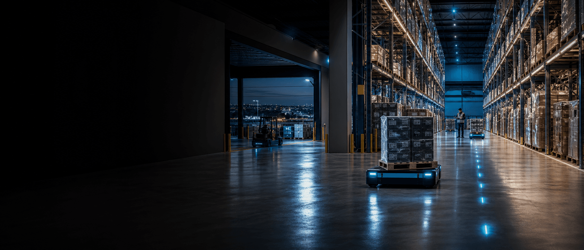 Modern warehouse with tracked pallets and autonomous handling equipment